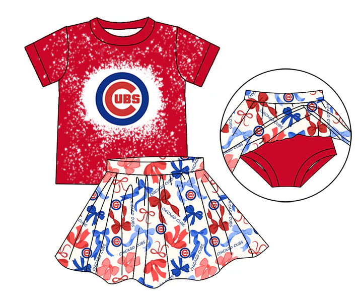 Preorder moq 5 bleached top red blue bow skirt girls team outfits 8.23