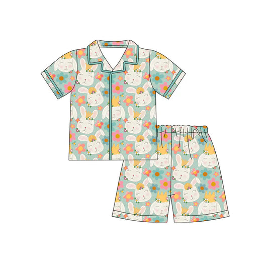 Preorder (moq 5)Baby Girls Rabbits Flowers Button Top Shorts Easter Pajamas Sets 12.12