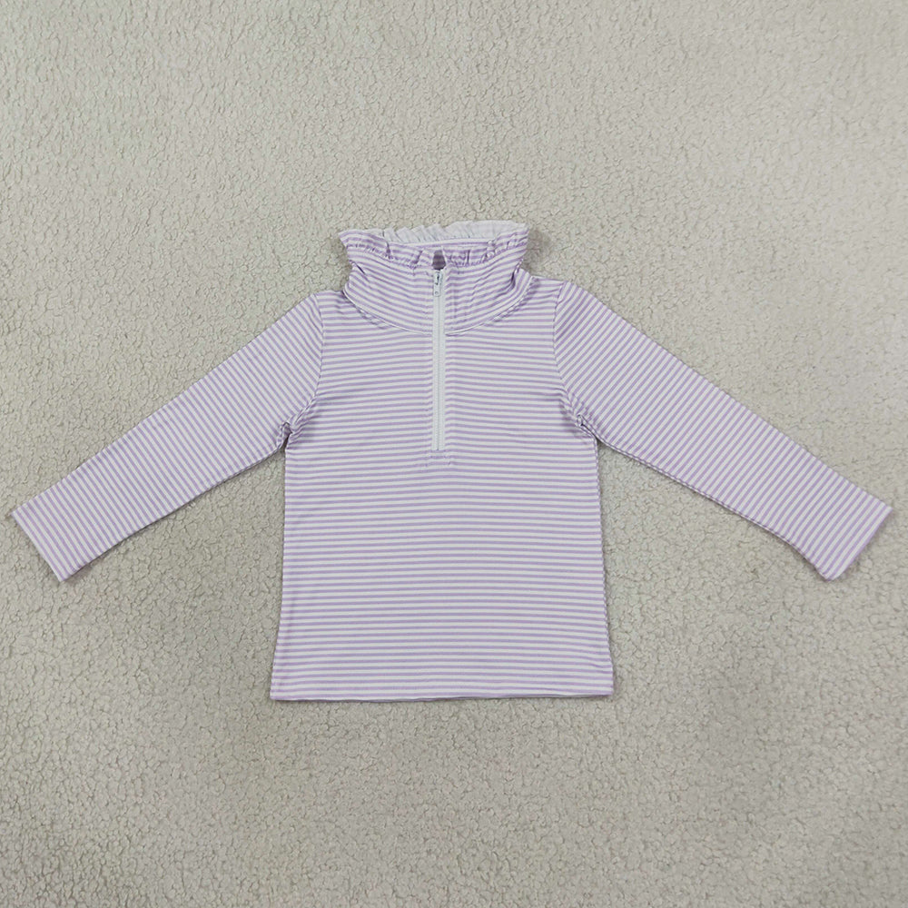 Baby Girls Clothes Long Sleeve Lavender Stripe Zip Ruffle Pullovers Top GT1758