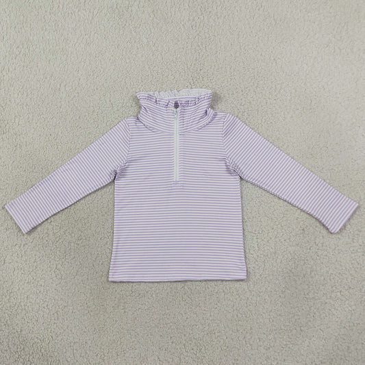 Baby Girls Clothes Long Sleeve Lavender Stripe Zip Ruffle Pullovers Top GT1758