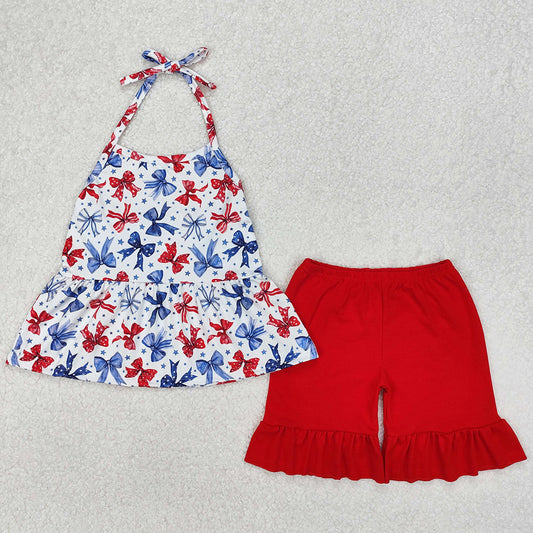 Baby Girls Clothes 4th of July Bows Halter Tunic Shorts Sets GSSO1928