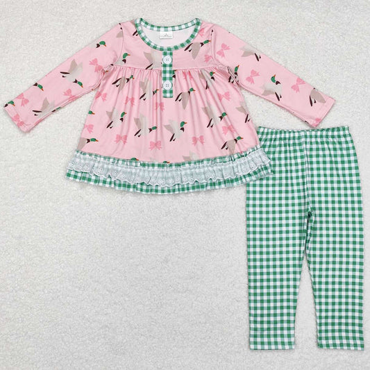 Baby Girls Clothes Mallard Ducks Bows Tunic Top Checkered Legging Pants Sets GLP1753