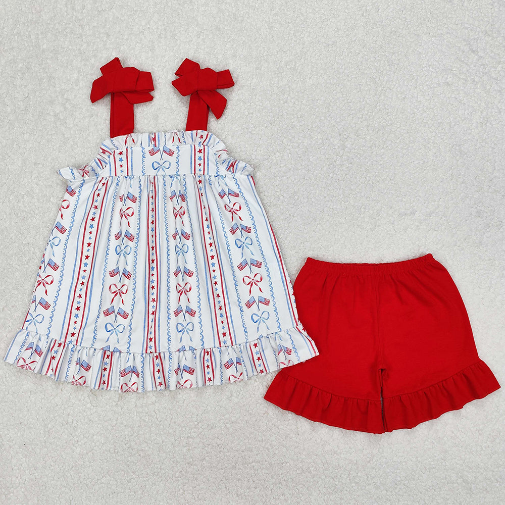 Baby Girls Clothes 4th Of July Flag Bow Tunic Tops Ruffle Shorts Sets GSSO1786 3.11