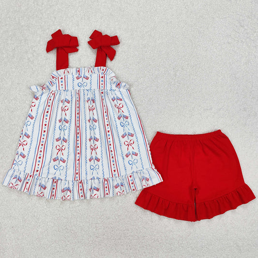 Baby Girls Clothes 4th Of July Flag Bow Tunic Tops Ruffle Shorts Sets GSSO1786 3.11