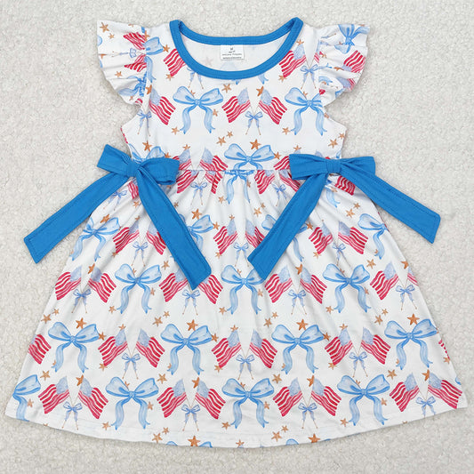 Baby Girls Dress 4th Of July Bows Flags Flutter Sleeve Knee Length Dresses GSD1825 3.13