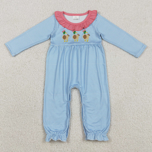 Baby Girls Rompers Embroidery Ducks Stripe Ruffle Collar Footie Rompers LR2738 12.2