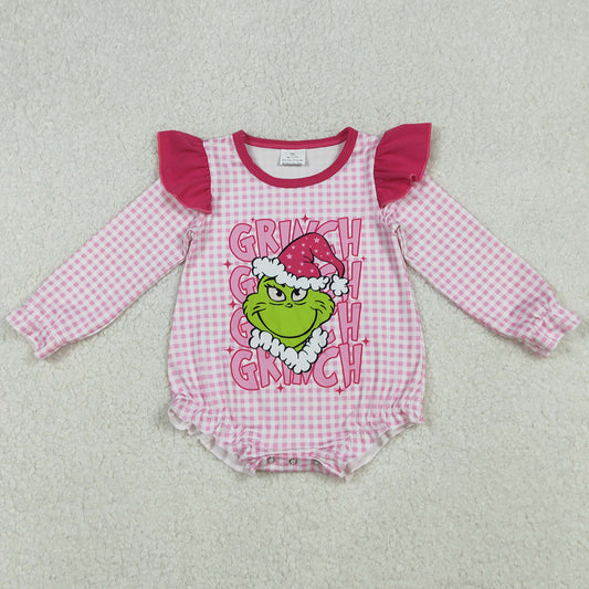 Baby Girls Rompers Pink Checked Green Face Christmas Ruffle Sleeve Rompers LR2554 10.1