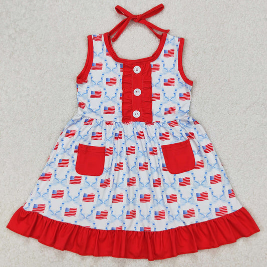 Baby Girls Dress 4th of July Flag Bows Pockets Knee Length Dresses GSD1625