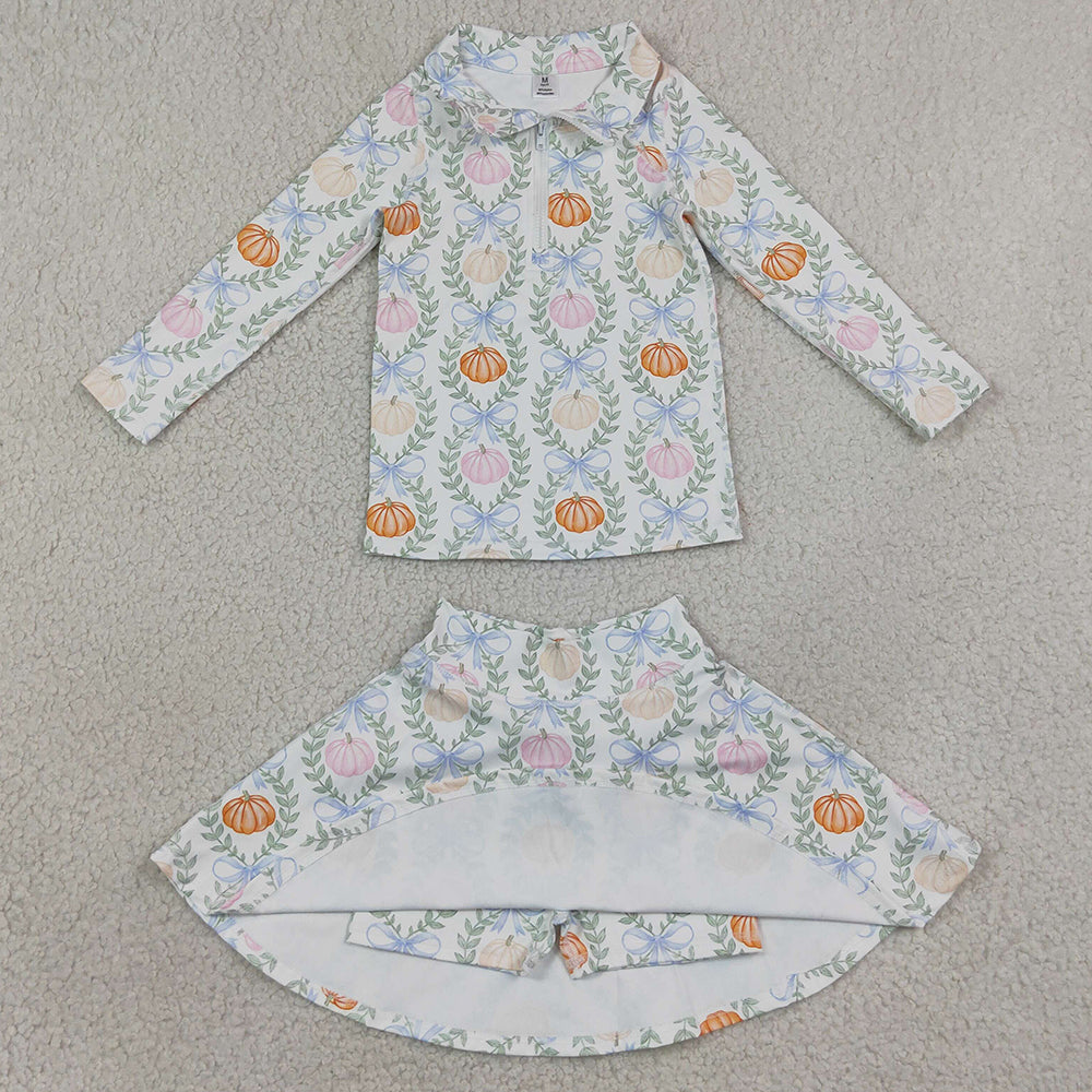Baby Girls Clothes Pumpkins Bows Zip Pullover Skirt Short Fall Yoga Active Clothes Sets GLD1635