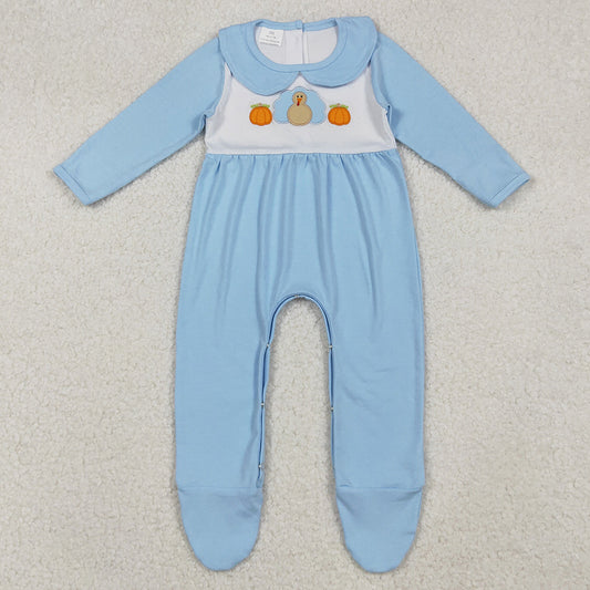 Baby Boys Rompers Blue Embroidery Pumpkins Turkey Thanksgiving Footed Rompers LR2562 10.2