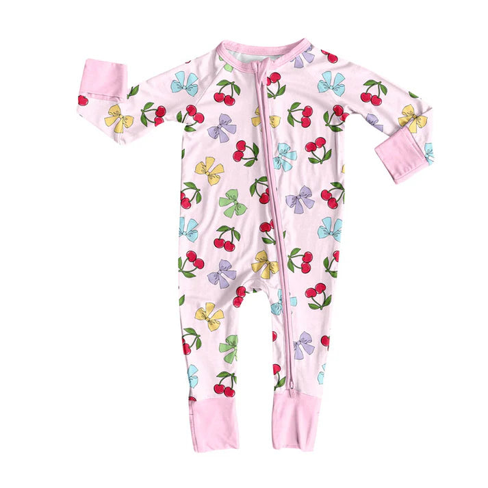 Preorder (moq 8)Baby Girls Colorful Bows Cherry Valentine Zipper Footie Rompers 9.13