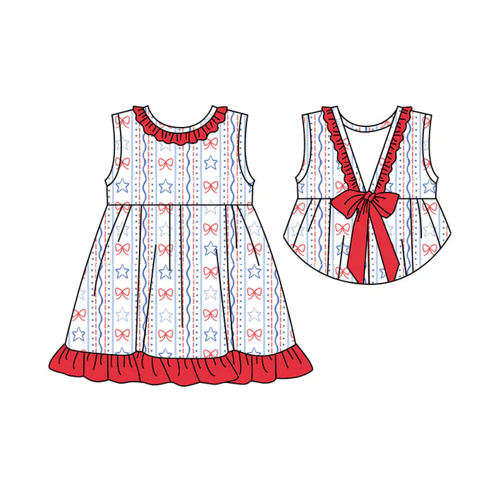 Preorder moq 5 Baby Girls Sleeveless Red Blue Bows Stars 4th Of July Knee Length Dress 4.22