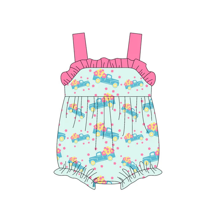 Preorder (moq 5)Baby Boys Pink Strap Flowers Trucks Ruffle Rompers 4.24