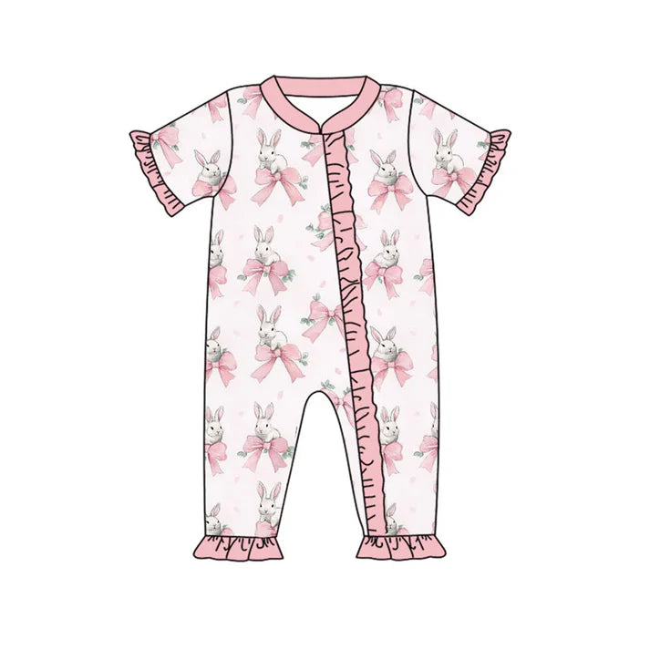 Preorder (moq 8)Baby Girls Pink Bows Rabbits Easter Ruffle Zipper Footie Rompers 9.17