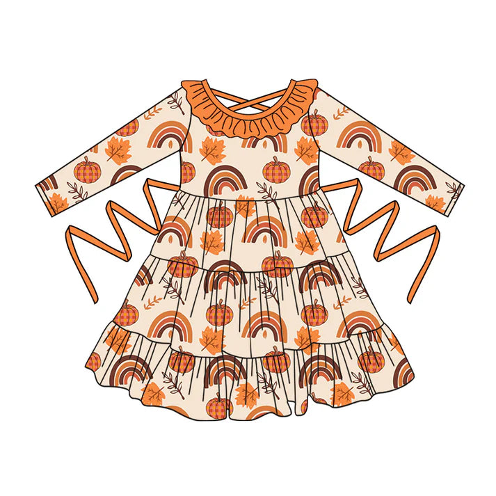 Preorder moq 5 Baby Girls Long Sleeves Rainbows Pumpkins With Belt Ruffle Knee Length Dresses 5.2