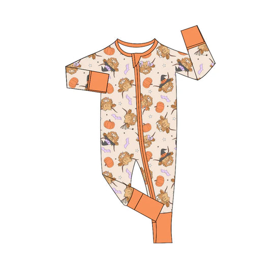 Preorder (moq 5)Baby Girls Long Sleeves Highland Cows Pumpkins Plaid Zipper Romper 7.2