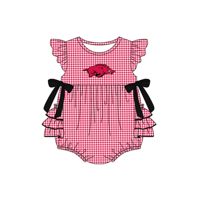 Preorder moq 5 Baby Girls Red Plaid Flutter Sleeves Bows Bull Team Rompers 7.10
