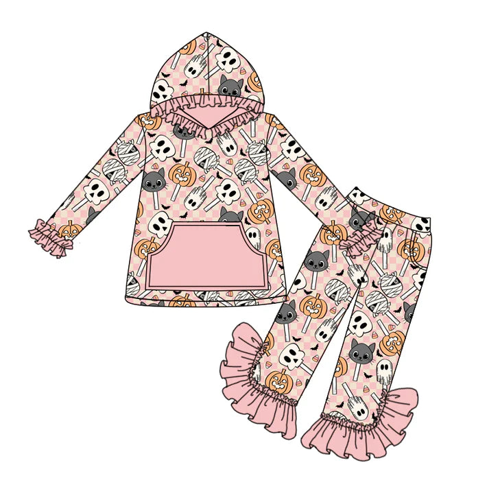 Preorder (moq 5)Baby Girls Peach Long Ruffle Sleeves Ghost Pumpkins Pocket Hoodies Pant Set 6.17