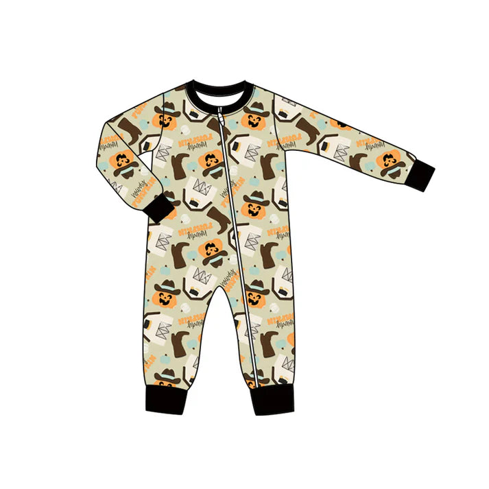Preorder moq 5 Baby Infant Boys Long Sleeves Ghost Pumpkins Boots Zipper Romper 7.16
