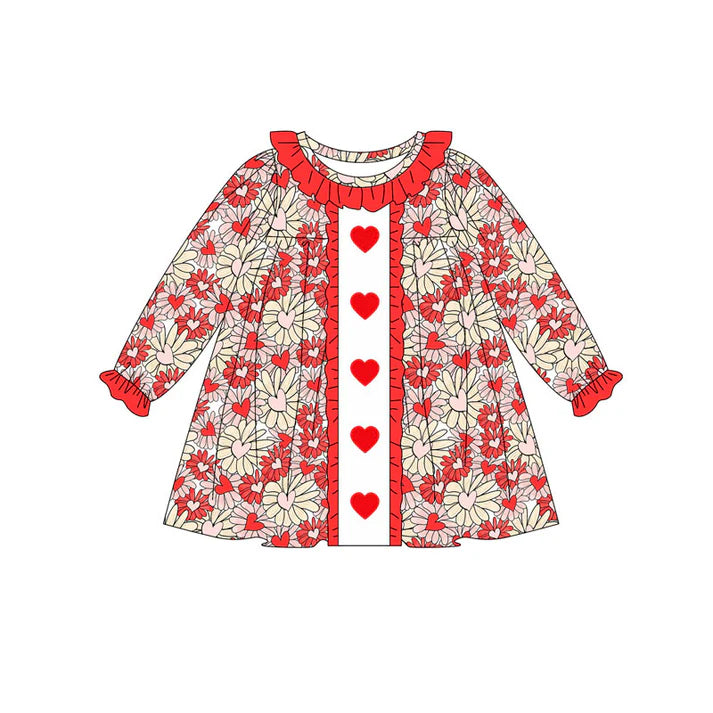 Preorder (moq 8)Baby Girls Red Daisy Hearts Ruffle Sleeve Valentine Knee Length Dresses 9.6