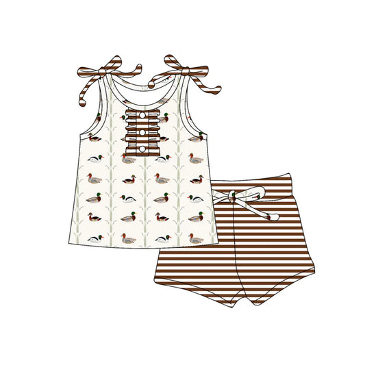 Preorder (moq 5)Baby Girls Strap Button Ducks Top Brown Stripe Short Set 5.13