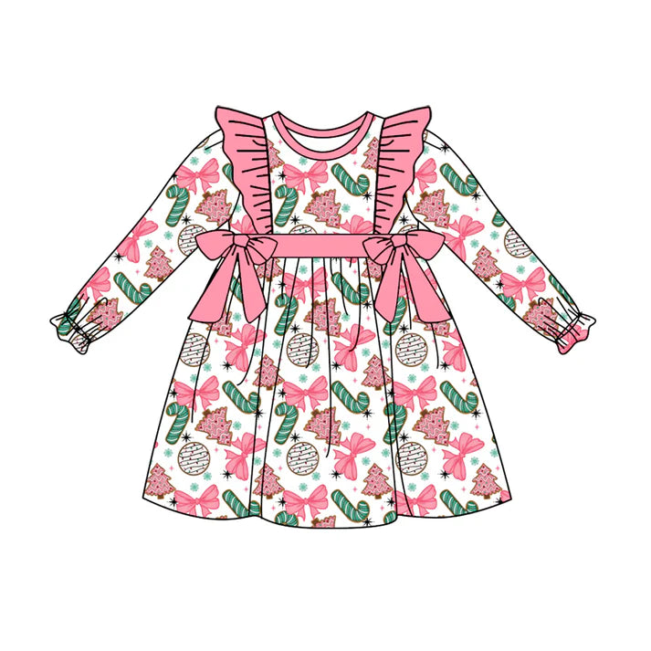 Preorder moq 5 Baby Girls Long Ruffle Sleeves Candy Cane Pink Bows Knee Length Dresses 5.2