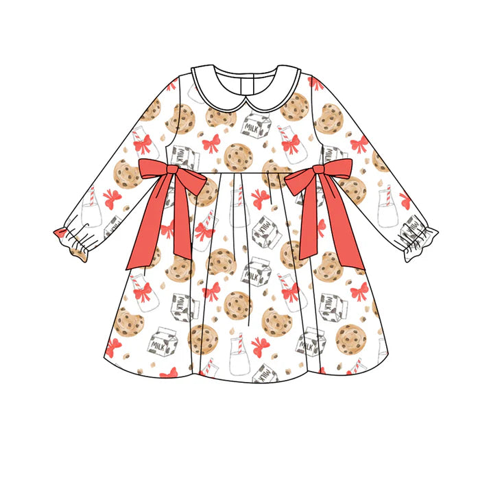 Preorder (moq 5)Baby Girls Christmas Cookie Milk Bows Bows Knee Length Dresses 8.12