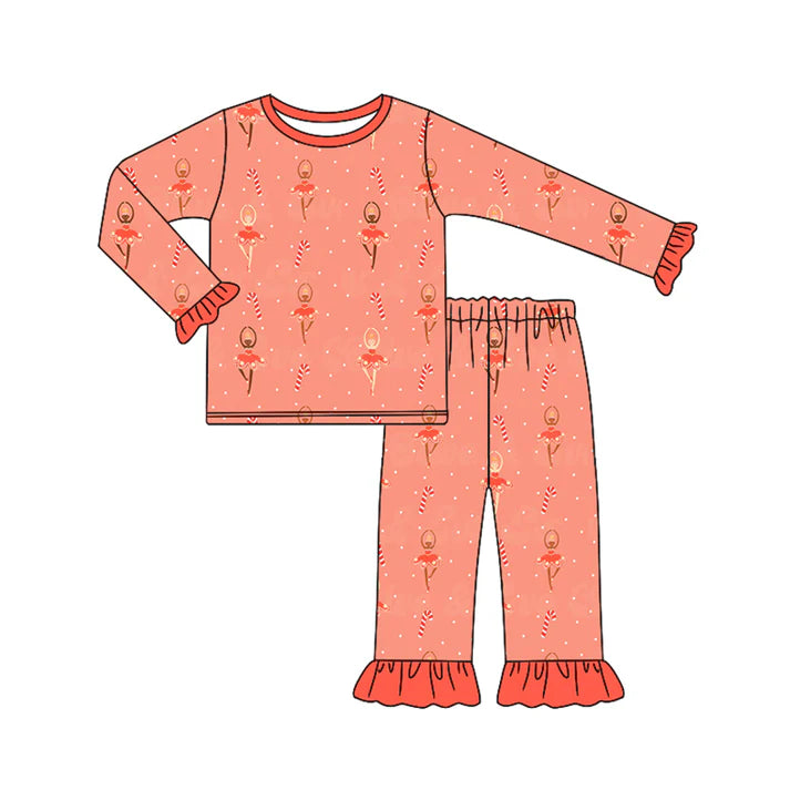 Preorder (moq 5)Baby Girls Long Ruffle Sleeves Candy Cane Dancers Top Pant Pajamas Sets 6.21