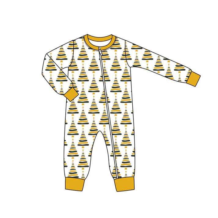 Preorder moq 5 Baby Infant Boys Long Sleeves Yellow Christmas Trees Plaid Zipper Romper 7.16