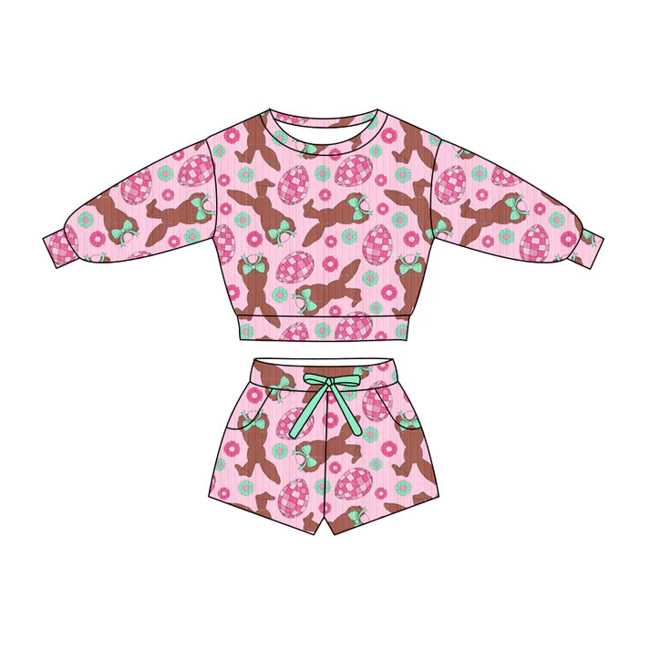 Preorder (moq 5)Baby Girls Eggs Rabbits Flowers Top Pockets Shorts Easter Clothes Sets 11.27