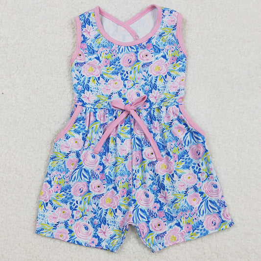Baby Girls Jumpsuits Blue Pink Flowers Sleeveless Bows Shorts Jumpsuits SR2521