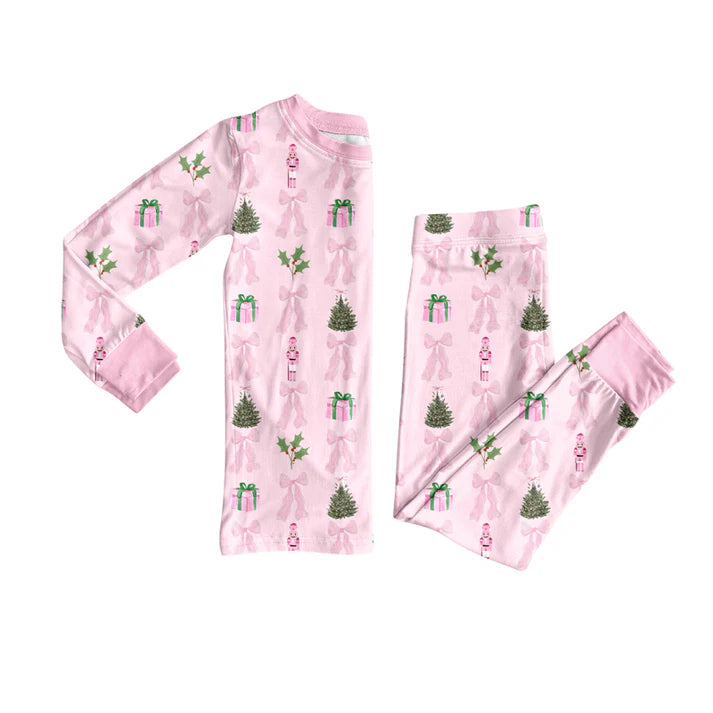 Preorder(moq 5) Baby Girls Christmas Pink Bow Soldier Top Pants Lounge Wear Pajamas Sets 8.9