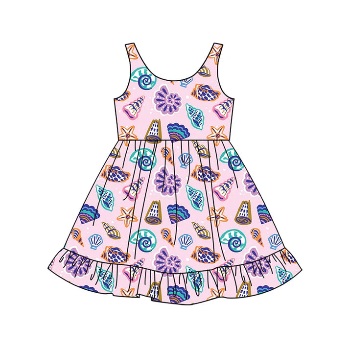 Preorder (moq 5)Baby Girls Lavender Sleeveless Colorful Sea World Knee Length Dress 4.26