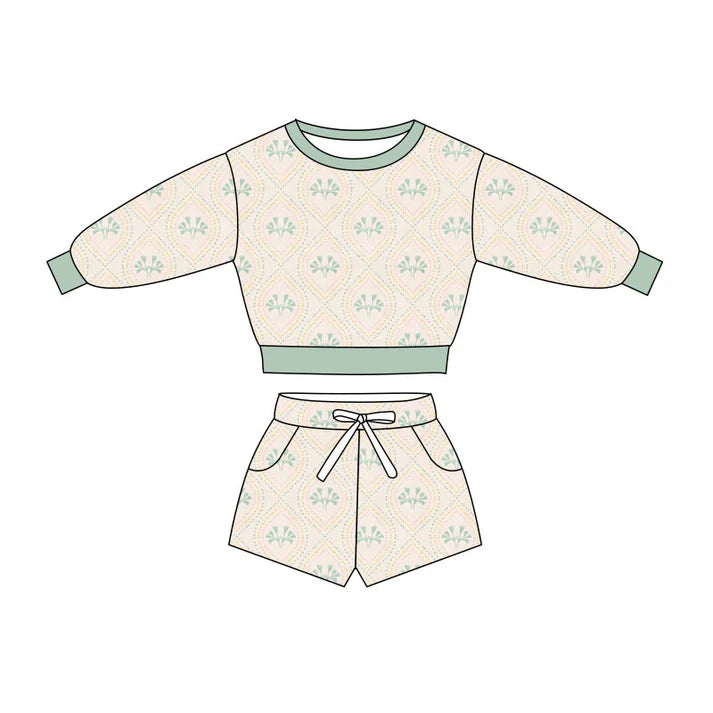 Preorder(moq 5) Baby Girls Green Flowers Checked Long Sleeve Pockets Shorts Clothes Sets 10.27