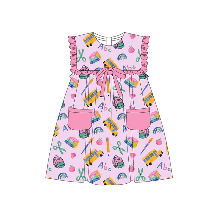 Preorder (moq 5)Baby Girls Pink Sleeveless Peaches Pencils Pockets Knee Length Dresses 4.23