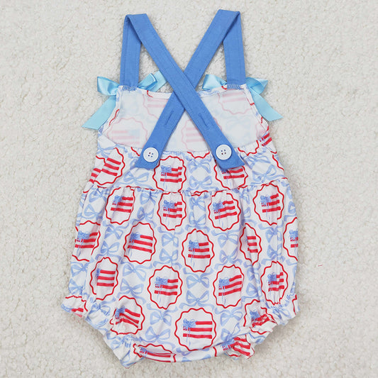 Baby Infant Girls Rompers 4th of July Blue Bows Flag Straps Rompers SR2691 3.18