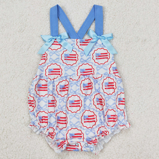 Baby Infant Girls Rompers 4th of July Blue Bows Flag Straps Rompers SR2691 3.18