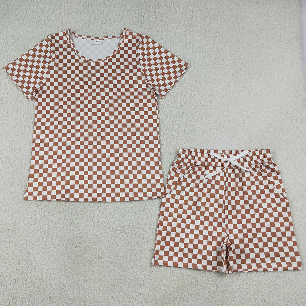 Adult Women Short Sleeves Khaki Checked Top Pockets Short Pajamas Clothes Set GSSO2680