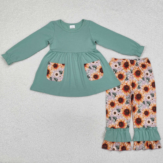Baby Girls Clothes Pockets Tunic Top Sunflowers Ruffle Pants Sets GLP1612