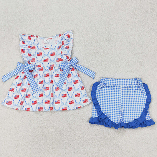Baby Girls Clothes Blue Bows Flag Tunic Tops Ruffle Shorts Sets GSSO1684