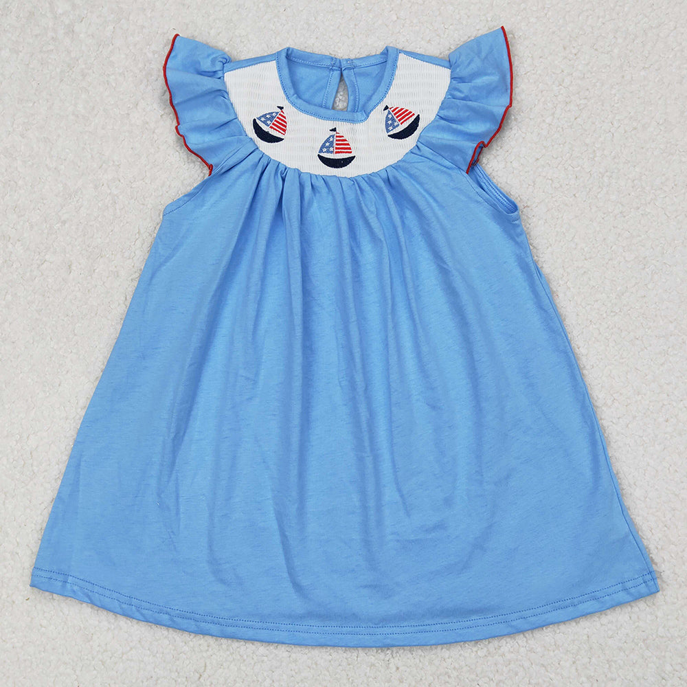 Smocked Baby Girls Dress 4th Of July Sailboats Knee Length Dresses GSD1818 3.22