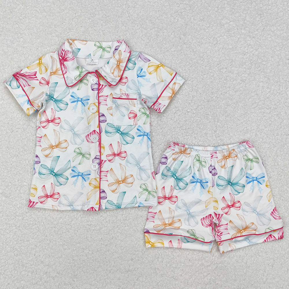 Sibling Baby Girls Pajamas Colorful Bows Buttons Shirt Shorts Pajamas Clothes Sets 5.28