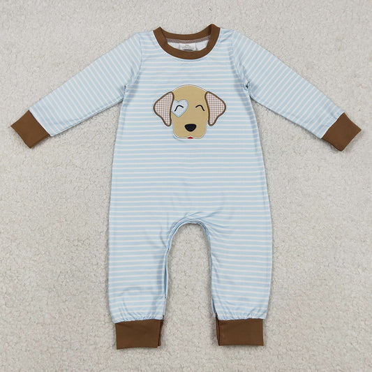 Baby Boys Embroidery Heart Dog Blue Stripe Valentines Footie Rompers LR2659 12.11