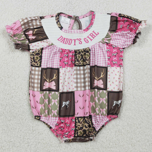 Baby Girls Rompers Smocked Daddy's Girl Deer Camo Checked Hunting Ruffle Rompers SR3778 1.12
