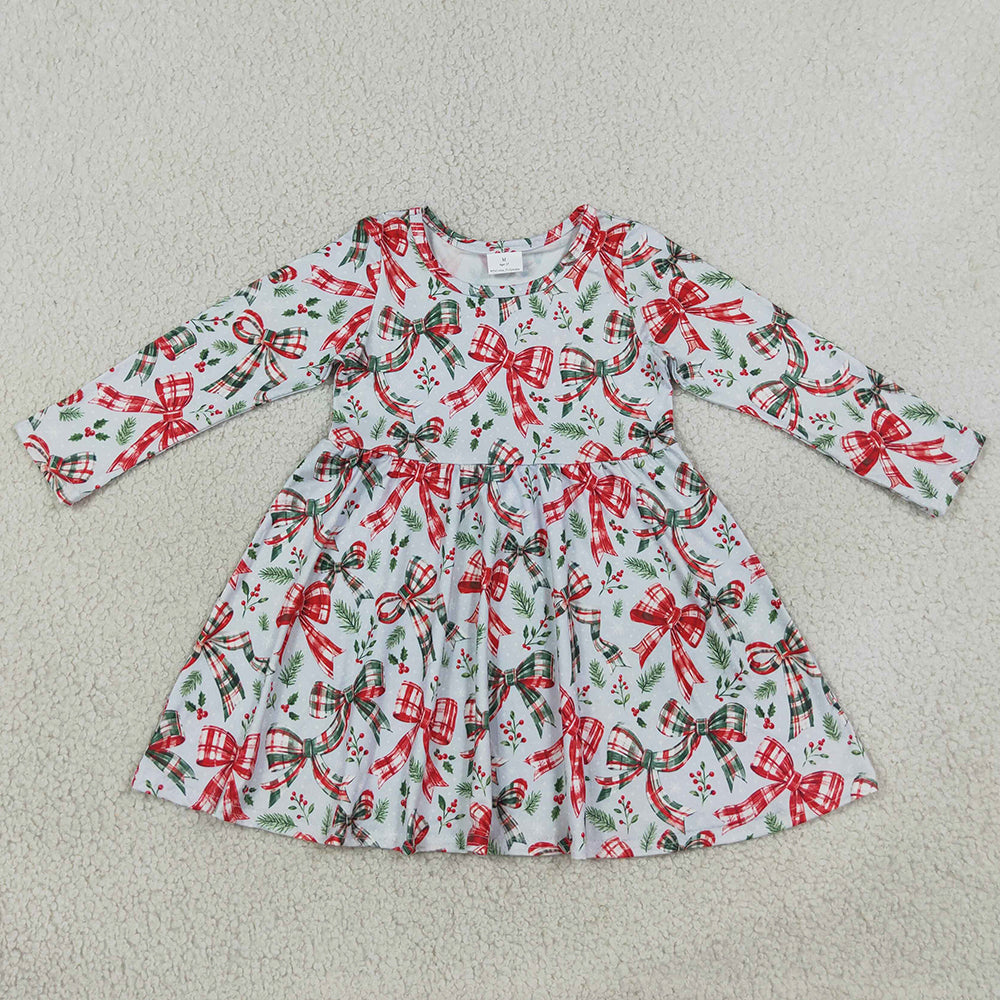 Baby Girls Dress Green Red Checked Bows Flowers Christmas Knee Length Dress GLD1709