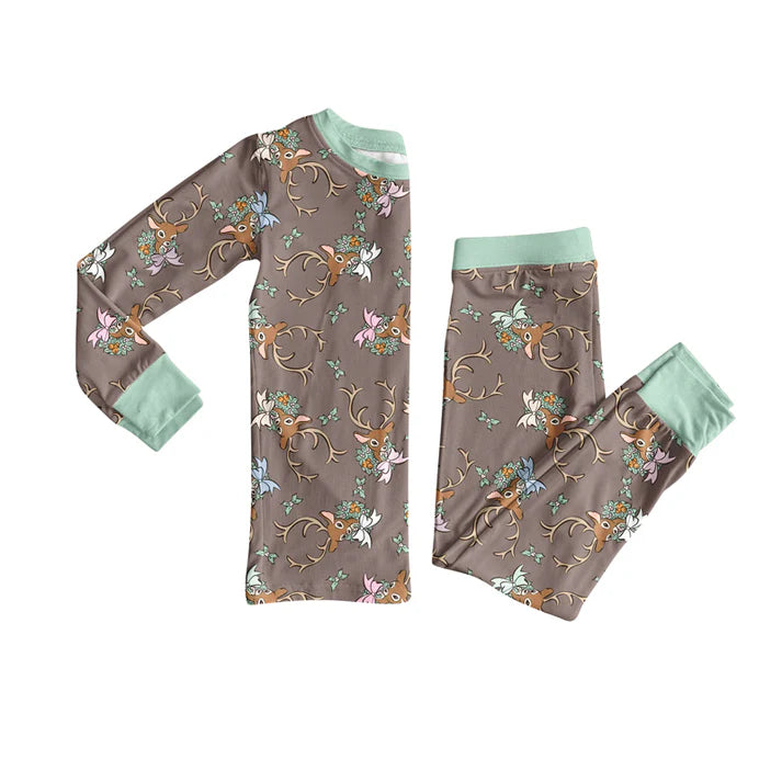 Preorder (moq 5)Baby Girls Long Sleeves Holly Deer Plaid Top Pants Pajamas Set 7.1