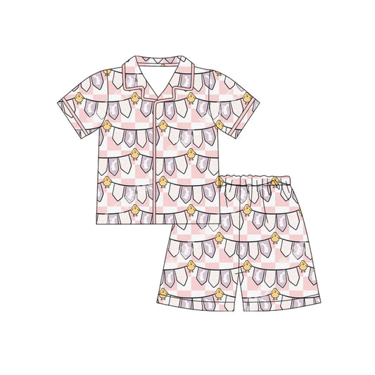 Preorder (moq 5)Baby Girls Pink Rabbits Chicks Checked Button Top Shorts Easter Pajamas Sets 12.12