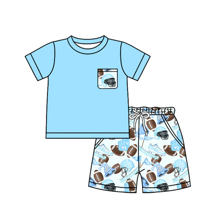 Preorder (moq 5)Baby Boys Blue Short Sleeves Pocket Top Footballs Flags Short Set 4.24