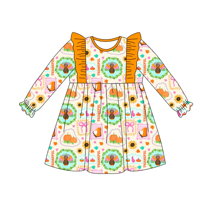 Preorder (moq 5)Baby Girls Long Ruffle Sleeves Turkey Pumpkins Plaid Knee Length Dresses 7.28
