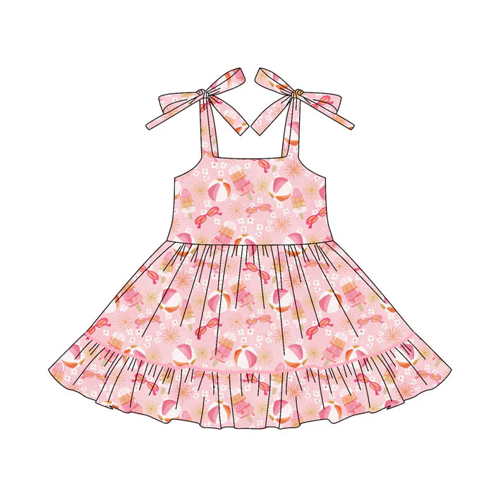 Preorder (moq 5)Baby Girls Pink Bows Strap Glasses Beach Ruffle Knee Length Dresses 6.3